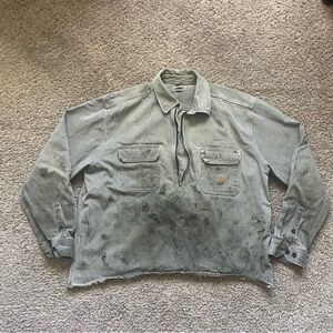 Carhartt 1/4 Zip Hickory Stripe Pullover Heavy Duty Work Shirt Sz XL Distressed